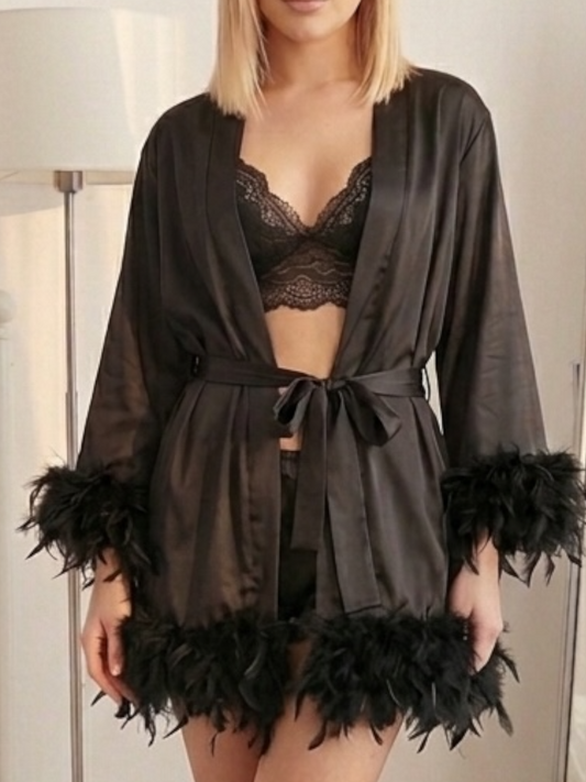 Sütyen Takımı + Tüy Detaylı Saten Kimono Set